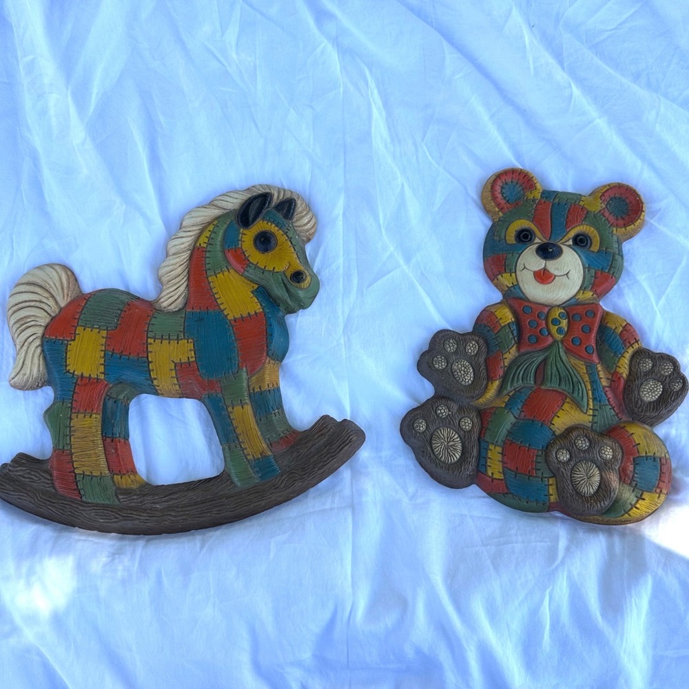 Vintage Foam Craft Wall Plaques Kids Set of 2 Multicolor Excellent Patchwork MCM